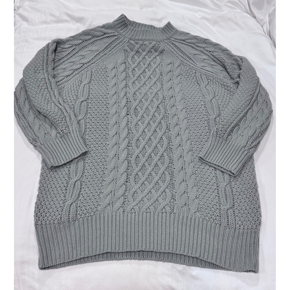 Gray Cable Knit Mock Neck Oversized Sweater Raglan Sleeve Med Cottagecore Retro
